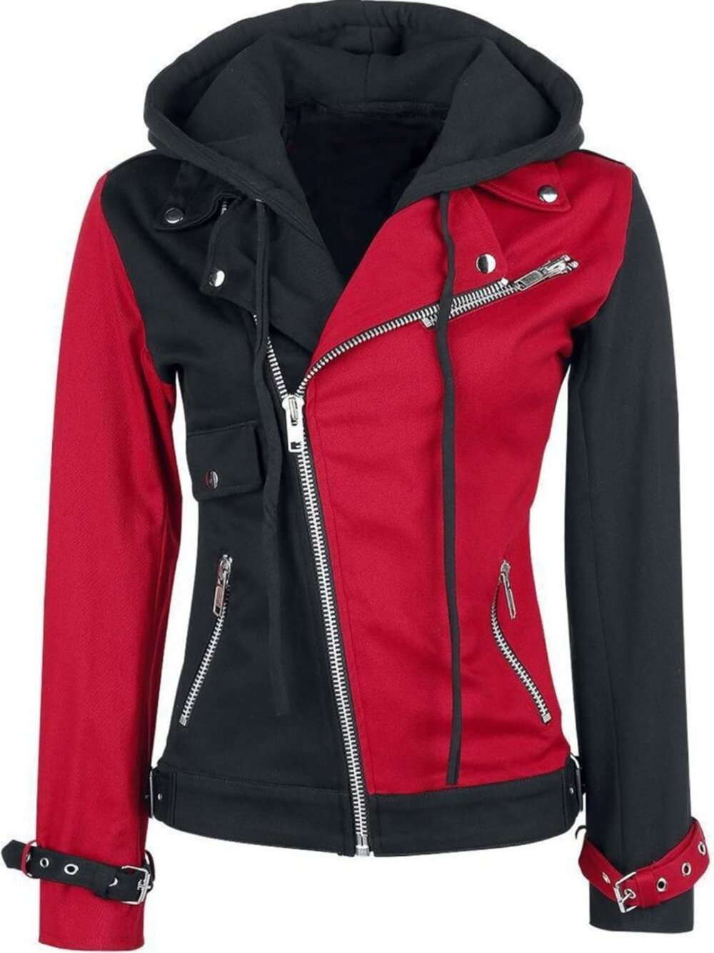 Chic Red & Black Cotton Hoodie Jacket - Stylish Biker Halloween Cosplay Outfit